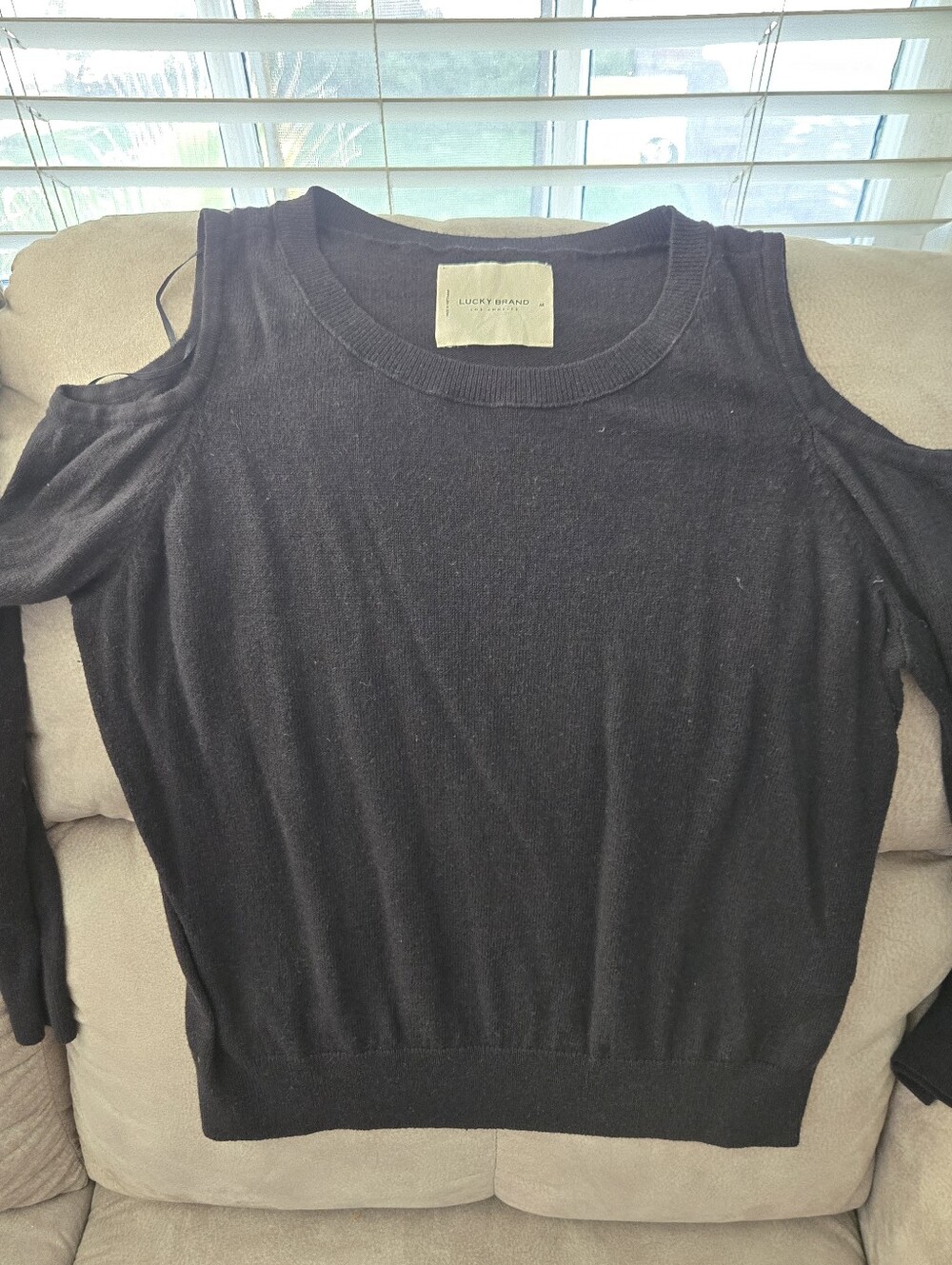 NWOT Lucky Brand Black Knit Crewneck Sweater- Peekaboo Shoulders - Picture 3 of 3